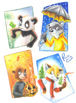 anthro black_body black_fur closed_smile clothed clothing duo fur grass grey_body grey_fur holding_object holding_pumpkin holding_umbrella male male_anthro mouth_closed nude on_arm open_mouth open_smile outside plant raining smile snow solo tree umbrella white_body white_fur young young_anthro young_male pandapaco art_(pandapaco) biro_(pandapaco) julio_(pandapaco) nemorio bear brown_bear canid canine fox giant_panda grizzly_bear mammal procyonid raccoon ursine multiple_images