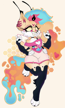 4_arms 5_fingers anthro bottomwear clothing female fingers fur hair multi_arm multi_limb multicolored_body multicolored_fur multicolored_hair shorts simple_background solo teeth text topwear year pxppyclawz hellaverse helluva_boss queen_bee-lzebub_(helluva_boss) arthropod canid canine demon fox hybrid insect mammal 2023 artist_name digital_media_(artwork) hi_res watermark
