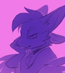 4_ears ambiguous_gender anthro arm_support cheek_tuft claws facial_tuft feathers fur hair leaning_on_elbow multi_ear narrowed_eyes nude purple_background side_view simple_background smile smirk solo tail text tuft tufted_fur winged_arms wings terri_ho fyr_(fenrir784) avali avian bird 2025 bust_portrait digital_drawing_(artwork) digital_media_(artwork) hi_res monochrome portrait shaded simple_shading sketch herm_(lore) intersex_(lore) maleherm_(lore)