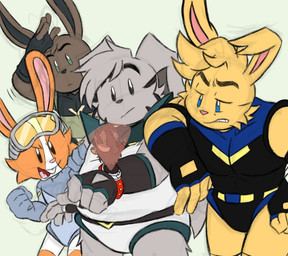 anthro blue_eyes blush clothing eyewear goggles group hologram leotard long_ears male muscular muscular_anthro muscular_male overweight science_fiction toastyraincloud lagomorph leporid mammal rabbit absurd_res hi_res