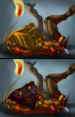 abdominal_bulge anthro anthro_prey belly big_belly bodily_fluids feral feral_pred internal lying male malepred on_back oral_vore prey_outline saliva same_size_vore vore derilect_(artist) final_fantasy final_fantasy_vii final_fantasy_xiv square_enix ifrit_(final_fantasy) red_xiii canid canine canis felid lion mammal pantherine wolf hi_res
