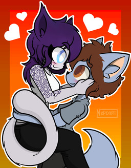 anthro arm_markings black_bottomwear black_clothing black_nose black_pants blue_eyes blush bottomwear brown_eyes brown_hair brown_pupils clothed clothed_anthro clothed_female clothed_male clothing duo eye_contact female female_anthro fully_clothed fur grey_body grey_bottomwear grey_clothing grey_fur grey_inner_ear_fluff grey_pants grey_shirt grey_tail grey_topwear hair hand_on_cheek hands_on_hips heart_symbol holding_another inner_ear_fluff looking_at_another love male male/female male_anthro markings pants pupils purple_hair purple_inner_ear purple_inner_ear_fluff purple_markings romantic romantic_couple shirt smile standing tail tan_inner_ear tank_top text topwear tuft white_clothing white_pupils white_shirt white_tank_top white_topwear wide_eyed neroart alixx_(character) canid canine felid fox leopard mammal pantherine absurd_res digital_media_(artwork) hi_res