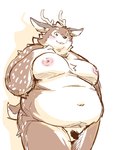 anthro antlers balls belly blush brown_body brown_fur flaccid fupa fur genitals horn male markings moobs nipples nude overweight penis small_penis solo spots spotted_body spotted_fur takagi_kyou tamacolle kazusa deer mammal 3:4