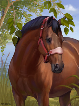 ambiguous_feral ambiguous_gender black_body black_fur black_hair black_mane brown_body brown_eye brown_fur feral fur grass hair halter mane markings plant pupils quadruped realistic_feral river solo spring text tree water white_markings beesa equid equine horse mammal 2026 3:4 artist_name digital_media_(artwork) digital_painting_(artwork) hi_res painting_(artwork) portrait signature