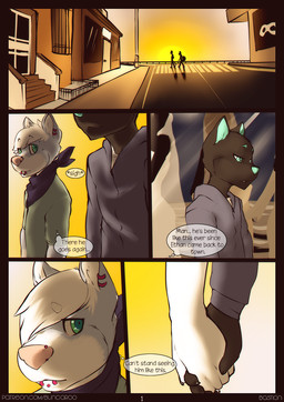 anthro black_body black_fur blue_nose city clothing curled_tail dialogue ear_piercing emo_haircut fur hair hand_holding male patreon_username piercing pink_nose street sunset tail text white_body white_fur raineshadowpaw bastion_(bastion) alaskan_malamute canid canine canis domestic_cat domestic_dog felid feline felis mammal nordic_sled_dog spitz comic digital_media_(artwork) english_text hi_res multiple_scenes paint_tool_sai_(artwork) url