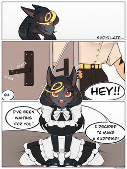 black_body clothed clothing dialogue door duo female female/female fully_clothed happy maid_uniform mostly_offscreen_character open_mouth open_smile red_eyes sitting smile speech_bubble text uniform pink_kutal23 nintendo pokemon eeveelution felid generation_2_pokemon mammal pantherine pokemon_(species) tiger umbreon 3:4 comic english_text hi_res