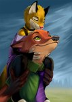 anthro black_nose clothed clothing countershading duo eye_contact female fur green_eyes looking_at_another male orange_body orange_fur pink_nose smile yellow_body yellow_eyes yellow_fur conditional_dnp latex_(artist) disney zootopia alyx_(latex) nick_wilde canid canine domestic_cat felid feline felis fox mammal red_fox true_fox