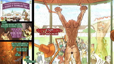 accident accidental_exposure anthro backsack balls bathing bdsm being_watched blush bondage bound butt clothed clothed/nude clothing crowd dialogue embarrassed embarrassing_exposure embarrassing_nudity flaccid genitals group looking_at_another machine male nipples nude only_one_nude penis public public_exposure public_nudity reflection shower solo_focus text unwanted_exposure wet fek dungeons_and_dragons hasbro septenmber wizards_of_the_coast fekkri_talot african_golden_cat caracal_(genus) felid feline mammal robot tabaxi 16:9 comic english_text hi_res widescreen