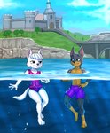 3_toes anthro barefoot black_body black_fur blush bridge castle clothed clothing cloud duo feet female fur hair male one-piece_swimsuit partially_submerged pink_eyes plant purple_clothing swimming swimwear toes tree white_body white_fur white_hair young young_anthro diacordst paw_patrol claw_(paw_patrol) sweetie_(paw_patrol) canid canine canis dobermann domestic_dog hunting_dog mammal pinscher terrier west_highland_white_terrier absurd_res hi_res