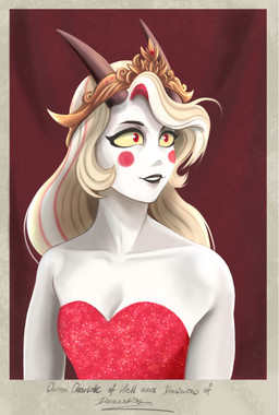 black_lipstick blonde_hair blush blush_stickers clothing crown dress female hair headgear horn lipstick makeup parody queen red_clothing red_dress red_eyes royalty smile solo white_body white_skin yellow_sclera cinnameana hazbin_hotel hellaverse charlie_morningstar queen_elizabeth_ii demon humanoid absurd_res hi_res portrait