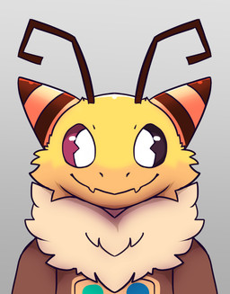 2_antennae ambiguous_gender antennae_(anatomy) anthro cybernetic_eye cybernetics front_view fur gradient_background grey_background horn looking_at_viewer machine multicolored_horn neck_tuft simple_background smile solo striped_horn stripes tuft two_tone_horn yellow_body yellow_fur nikowari_(artist) mythology vtuber i.v._(ivycomb) arthropod bee dragon hybrid hymenopteran insect mythological_creature mythological_scalie scalie 2021 hi_res nonbinary_(lore)