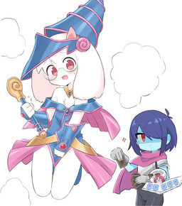 ambiguous_gender ambiguous_human anthro blush card_game clothed clothing cosplay crossdressing crossdressing_male duo embarrassed eyewear floppy_ears fur gaming glasses male pink_eyes white_body white_fur young young_male soken_unison deltarune undertale_(series) yu-gi-oh! dark_magician_girl kris_dreemurr ralsei bovid caprine duel_monster goat human mammal 2026 digital_media_(artwork)
