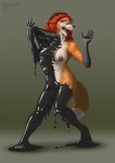 2017 4_breasts anthro bhavfox black_nose breasts brown_body brown_fur canid canine countershading dipstick_limbs female fox fur goo_transformation hair latex latex_transformation mammal multi_breast nipples open_mouth red_hair simple_background solo standing transformation white_body white_countershading