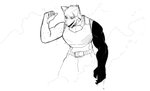 anthro athletic belt bodily_fluids bottomwear clothing gesture hand_gesture male muscular pants pointing pointing_back smile smoke solo sweat goonie-san goon_(goonie_san) canid canine canis mammal wolf absurd_res hi_res monochrome