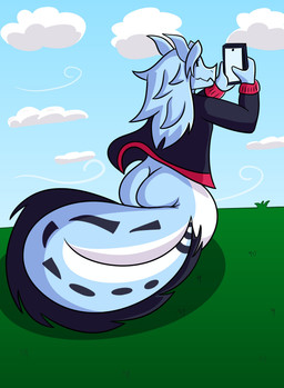 anthro apode big_butt blue_body blue_hair butt clothed clothing clothing_lift cloud electronics fur grass hair jacket landscape legless looking_at_object looking_at_phone mace_(kamex) male phone plant red_accents serpentine sky solo tail topwear white_body white_fur wind kamex ace_(kamex) draconcopode naga absurd_res hi_res monochrome