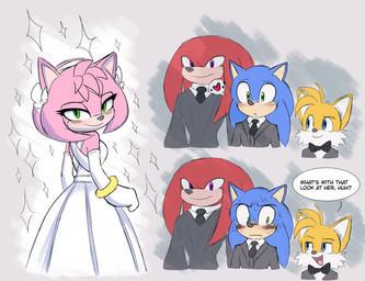 anthro bedroom_eyes blue_body blue_fur blush bodily_fluids breasts clothing dress embarrassed female fur group handwear male narrowed_eyes nervous nervous_sweat open_mouth pink_body seductive sweat text wedding wedding_dress ialehlg paramount_pictures sega sonic_the_hedgehog_(film) sonic_the_hedgehog_(series) amy_rose knuckles_the_echidna miles_prower sonic_the_hedgehog canid canine canis echidna eulipotyphlan fox hedgehog mammal monotreme 2025 hi_res