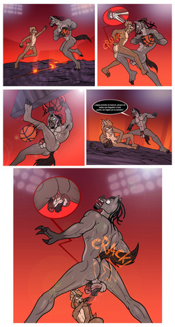 abs action_pose anthro anus ball ballbusting balls basketball_(ball) black_hair bodily_fluids braided_hair butt cock_and_ball_torture duo genital_torture genitals gore gradient_background grey_body hair holding_object homophobic_slur humanoid_genitalia humanoid_penis hybrid_genitalia hybrid_penis long_hair male muscular muscular_anthro muscular_male nipples nude pain pecs penis pose simple_background speech_bubble sweat tail testicular_rupture text kimero_kat goat_(movie) sony_corporation sony_pictures mane_attraction will_harris andalusian_horse bovid caprine equid equine goat horse mammal absurd_res comic hi_res spanish_text translated