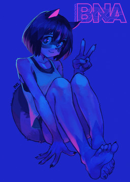 5_fingers 5_toes anthro barefoot clothed clothing feet female fingers fluffy fluffy_tail fur gesture hair hand_gesture humanoid_feet looking_at_viewer plantigrade purple_background shirt short_hair simple_background sitting smile soles solo tail tank_top toes topwear v_sign bori_dongja brand_new_animal studio_trigger michiru_kagemori canid canine mammal raccoon_dog tanuki absurd_res hi_res restricted_palette