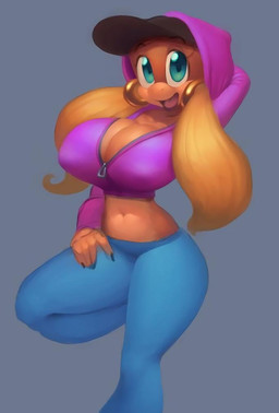 baseball_cap big_breasts bottomwear breasts cleavage clothed clothing denim denim_bottomwear denim_clothing ear_piercing ear_ring female fully_clothed hat headgear headwear hoodie hoop_ear_ring jeans looking_at_viewer midriff nipple_outline open_mouth pants piercing pigtails ring_piercing solo topwear nitro donkey_kong_(series) nintendo tiny_kong haplorhine mammal monkey primate