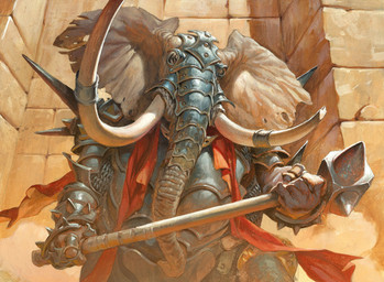5_fingers ambiguous_gender anthro armor brick brick_wall chainmail clothing fingers hammer headgear helmet holding_hammer holding_object holding_tool looking_at_viewer plate_armor red_clothing solo tools tusk_accessory tusks wall_(structure) jesper_ejsing hasbro magic:_the_gathering wizards_of_the_coast elephant elephantid loxodon mammal proboscidean hi_res official_art