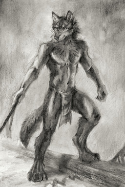 anthro arm_tuft bottomwear cheek_tuft chest_tuft clothed clothing ear_piercing ear_ring facial_tuft front_view holding_melee_weapon holding_object holding_polearm holding_spear holding_weapon loincloth loincloth_only male male_anthro melee_weapon mouth_closed navel piercing polearm ring_piercing shoulder_tuft simple_background solo spear standing topless tuft weapon akatan_art canid canine canis mammal wolf charcoal_(artwork) full-length_portrait hi_res monochrome portrait traditional_media_(artwork)