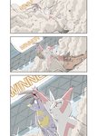 ambiguous_gender anthro claws duo fur lifted_by_arm pokemon_battle semi-anthro size_difference stadium white_body white_fur yamatokuroko965 nintendo pokemon generation_3_pokemon generation_6_pokemon mega_evolution mega_kangaskhan pokemon_(species) zangoose 2021 comic hi_res