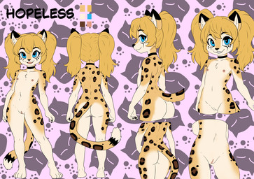 anthro black_ears black_eyebrows black_finger_claws blue_eyes butt chest_tuft claws collarbone digitigrade eyebrows female finger_claws fingers fur fur_tuft genitals hair markings nipples nude open_mouth open_smile pink_tongue smile spots spotted_body spotted_fur spotted_markings spotted_tail tail tail_markings teeth tongue tuft vulva young young_anthro joykill hopeless_(joykill) cheetah felid feline mammal hi_res model_sheet