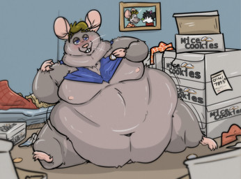 anthro cookie duo food male messy_room morbidly_obese obese overweight solo gaia1234 american_opossum mammal marsupial mouse murid murine rodent virginia_opossum hi_res tagme