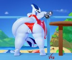 anthro big_breasts biped breasts clothed clothing clothing_aside detailed_background female genitals lifeguard_swimsuit looking_at_viewer looking_back open_mouth outside pupils pussy rear_view solo swimwear swimwear_aside thick_thighs v12 nintendo pokemon generation_2_pokemon legendary_pokemon lugia pokemon_(species) absurd_res hi_res