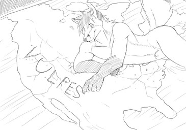 animal_genitalia anthro cheek_tuft closed_smile facial_tuft fully_sheathed genitals gloves_(marking) hair lying macro male male_anthro markings messy_hair mouth_closed neck_tuft nude on_side sheath short_hair smile solo tail tuft solaxe_(artist) canid canine fox mammal monochrome sketch