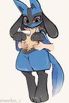 ambiguous_gender black_body black_fur blue_body blue_fur chest_spike disembodied_hand duo feral fur holding_another navel red_eyes simple_background size_difference spikes spikes_(anatomy) tan_body tan_fur unsure white_background meekax_x nintendo pokemon canid canine generation_4_pokemon human lucario mammal pokemon_(species) absurd_res hi_res signature