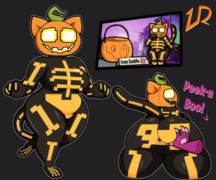anthro anus big_butt bone breasts butt butt_grab duo female female/female food for_a_head fruit hand_on_butt holidays jack-o'-lantern long_tail looking_at_viewer looking_back nude open_mouth plant pumpkin pumpkin_head simple_background skeleton skeleton_costume spread_butt spreading tail text thick_thighs wide_hips lewdewott epic_games fortnite halloween spice_(fortnite) domestic_cat elemental_creature felid feline felis flora_fauna mammal object_head digital_drawing_(artwork) digital_media_(artwork) hi_res