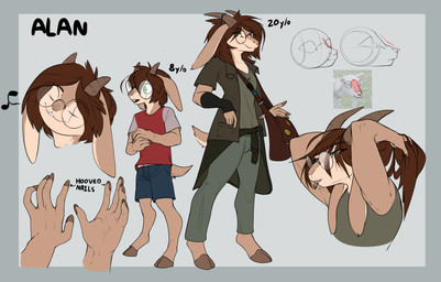 bag bottomwear brown_hair clothing eyewear floppy_ears glasses green_eyes hair hooves horn jacket long_hair pants scar shirt shorts shoulder_bag solo t-shirt topwear bovid caprine goat mammal absurd_res hi_res model_sheet