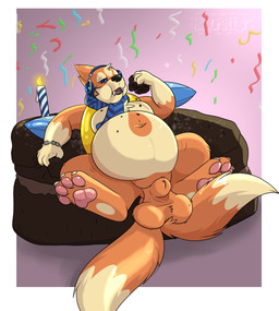 2_tails animal_genitalia balls belly big_balls big_belly birthday_cake blue_eyes cake dessert eating food fully_sheathed fur genitals gloves_(marking) male markings multi_tail navel orange_body orange_fur overweight pawpads saggy_balls sheath solo tail alex.fetter nintendo pokemon flint_(flintzell) floatzel generation_4_pokemon pokemon_(species) hi_res