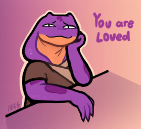 4_fingers anthro clothed clothing eyebrows female fingers looking_at_viewer multicolored_body positive_message purple_body snake_hood solo spots text two_tone_body ncs keeshee reptile scalie snake 2025 english_text hi_res