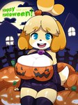 accessory anthro big_breasts blonde_hair breasts cleavage clothed clothing cloud costume female fingerless_gloves full_moon fur gloves hair hair_accessory halloween_costume handwear happy_halloween holidays huge_breasts jack-o'-lantern moon night open_mouth pumpkin_costume sky smile solo yellow_body yellow_fur healerart animal_crossing halloween nintendo isabelle_(animal_crossing) canid canine canis domestic_dog mammal shih_tzu toy_dog 2024 digital_media_(artwork) hi_res portrait three-quarter_portrait