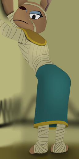 against_surface against_wall anthro bottomwear clothing female long_ears mummy_wrappings rear_view skirt solo standing furexpert disney ducktales ducktales_(2017) amunet_(ducktales) canid canine canis jackal mammal absurd_res hi_res