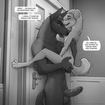 1:1 2020 amber_(zaush) anthro anthro_on_anthro balls bedroom_eyes bird_dog bodily_fluids breasts canid canine canis carrying_another comic connor_(zaush) dialogue digital_media_(artwork) domestic_dog duo english_text erection female fur genital_fluids genitals glans golden_retriever greyscale half-closed_eyes herding_dog hi_res humanoid_genitalia humanoid_penis hunting_dog labrador larger_male male male/female malinois_dog mammal monochrome narrowed_eyes nipples nude open_mouth pastoral_dog penis retriever seductive sheepdog size_difference smaller_female smile standing text vaginal_fluids zaush