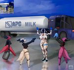 anthro bodily_fluids breast_milking butt collar cowbell curvy_figure female group gun horn lactating machine male milk milk_tank neck_bell nipple_piercing nipples piercing ranged_weapon screen screen_face short_stack tactical_gear tank truck_(vehicle) vehicle weapon what white_body wide_hips ony01 bovid bovine cattle humanoid kobold mammal robot hi_res meme