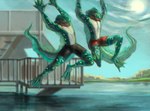 anthro clothing duo green_body green_skin jumping lake male markings spots spotted_body spotted_skin swimwear youngjinja styx_and_charon eel fish marine absurd_res hi_res huge_filesize sibling_(lore) twins_(lore)