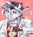 anthro blue_eyes clothing d6 dice fingerless_gloves fur gloves hair handwear jewelry kemono male multicolored_hair necklace solo suit white_body white_fur indoman_x lifewonders live_a_hero raizi felid feline mammal pantherine snow_leopard