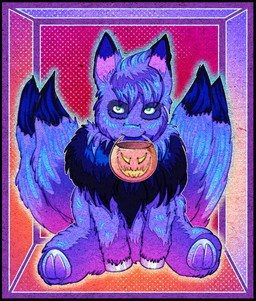 4_tails ambiguous_feral ambiguous_gender basket blue_tail_tip container dipstick_tail featureless_crotch feral front_view fur green_eyes holidays hooves looking_at_viewer markings mouth_hold multi_tail neck_tuft pink_inner_ear pumpkin_basket purple_body purple_fur sitting solo tail tail_markings tuft white_hooves amdk7 spacefluff fluffy_pony halloween fluffy_pony_(species) mammal 2022 digital_media_(artwork) english_description