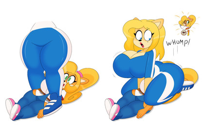 accessory anthro big_breasts big_butt blonde_hair blue_eyes breast_jiggle breasts butt butt_jiggle clothing curvy_figure death_by_facesitting duo facesitting female fur gameplay_mechanics green_eyes hair hair_accessory hair_tie huge_breasts huge_butt huge_thighs jiggling larger_female lips lipstick looking_down lying makeup markings mole_(marking) mole_under_eye multicolored_body multicolored_fur on_back onomatopoeia orange_body orange_fur pink_lipstick purple_hair shocked sitting_on_another size_difference smaller_female smile sound_effects tan_body tan_fur text thick_lips thick_thighs tracksuit voluptuous voluptuous_anthro voluptuous_female wide_hipped_anthro wide_hipped_female wide_hips 3barts activision crash_bandicoot_(series) crash_team_racing_(series) coco_bandicoot isabella_bandicoot bandicoot mammal marsupial 2025 digital_drawing_(artwork) digital_media_(artwork) hi_res