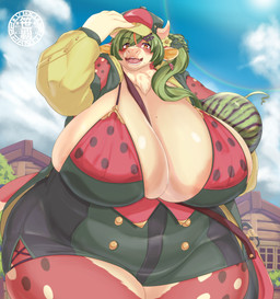 anthro areola areola_slip belly between_breasts big_breasts blush breasts building clothing cloud curvy_figure day female food fruit green_clothing green_hair hair holding_food holding_fruit holding_melon holding_object holding_watermelon horn house huge_breasts hyper hyper_breasts logo looking_at_viewer melon open_mouth outside overweight overweight_female plant sky smile solo tail thick_thighs voluptuous watermelon watermelon_print white_horn wide_hips sasanoha6011 bovid bovine cattle mammal artist_logo hi_res