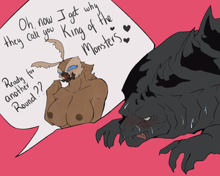 after_sex anthro blush bodily_fluids breasts dialogue duo female heart_symbol male male/female nipples non-mammal_nipples speech_bubble sweat tired spicepumpkinlou godzilla_(series) monsterverse mothra_(series) toho godzilla mothra arthropod insect kaiju lepidopteran moth scalie 5:4 absurd_res hi_res
