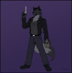 anthro biped black_body black_border black_fur black_nose border bottomwear clothing footwear fur grey_body grey_fur gun handgun male narrowed_eyes pistol plantigrade ranged_weapon shoes simple_background solo topwear weapon greasymojo locran_gabhar canid canine canis mammal wolf 2022 hi_res