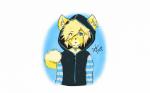 blonde_hair blue_background clothing collar fur hair hoodie piercing simple_background solo topwear yellow_body yellow_fur kiwa_flowcat kiwa_biscuitcat kiwa_flowcat_(character) domestic_cat felid feline felis mammal 16:10 digital_media_(artwork) widescreen