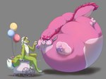 anthro blue_balloon fur green_body green_fur grey_background hose_in_mouth hose_inflation inflation pink_body pink_fur red_balloon sewing_pin shadow simple_background spherical_inflation tongue tongue_out white_body white_fur yellow_balloon luckyway mazushi milofox 2024 hi_res