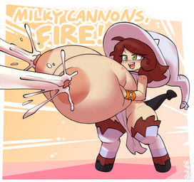 big_breasts black_tail bodily_fluids breasts brown_body brown_fur brown_hair clothing dialogue excessive_lactation female freckles fur green_eyes hair hand_on_breast hat headgear headwear hooves huge_breasts hyper hyper_breasts lactating milk nipples open_mouth projectile_lactation shortstack shortstack_female simple_background smile solo spade_tail tail text witch_hat borvar billeigh_bison humanoid satyr 2025 absurd_res digital_media_(artwork) english_text hi_res