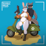 5_fingers accessory anthro areola big_breasts big_butt bikini black_boots black_clothing black_footwear black_headband black_nose black_topwear black_vest blue_background blue_eyes boots breasts bulge butt clothed clothing duo eyewear eyewear_on_head female fingers footwear goggles goggles_on_head gold_bikini gun headband holding_gun holding_object holding_ranged_weapon holding_weapon jacket male music open_clothing open_jacket open_topwear open_vest orange_clothing orange_inner_ear orange_jacket orange_topwear pantsless pink_areola pink_inner_ear pink_nose pose ranged_weapon scooter shirtless shoes simple_background smile speedo submachine_gun swimwear thick_thighs topwear two-piece_swimsuit vest weapon wide_hips yellow_bikini yellow_bikini_bottom yellow_bikini_top yellow_clothing yellow_eyes yellow_speedo yellow_swimwear omegaozone golden_week draven_(omegaozone) vera_(omegaozone) canid canine canis lagomorph leporid mammal rabbit wolf 1:1 2025 3d_(artwork) 3d_animation animated digital_media_(artwork) long_playtime sound turntable_(animation) webm